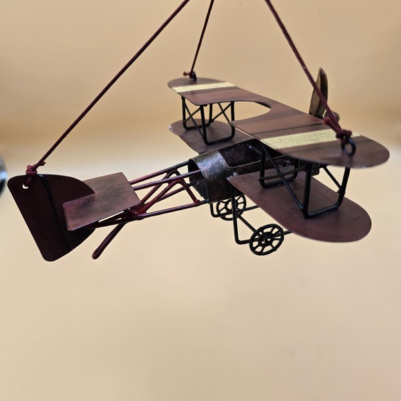 Vintage Metal Biplane Model Rustic Bronze Burgundy Decorative Aircraft 7 Inch - Picture 2 of 16
